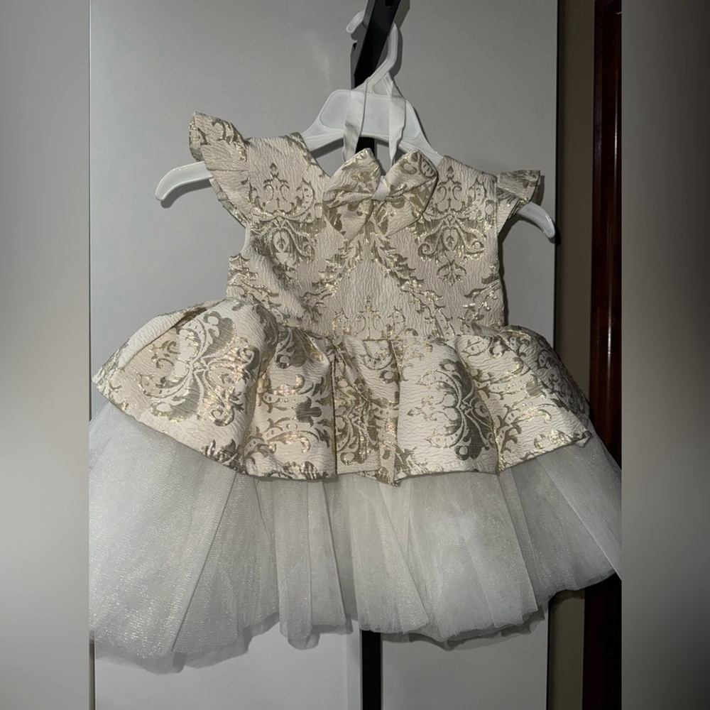 Handmade Elegant Cream and Gold Kids Formal dress with headband